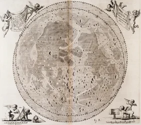 Eerste gedetailleerde kaart van de Maan getekend in 1647 door Johann Hevelius, afdruk uit Johann Hevelius
