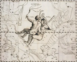 Het sterrenbeeld Tweelingen, illustratie uit Firmamentum Sobiescianum sive Uranographia, door Johann Hevelius (1611-1687), Gdansk 1690