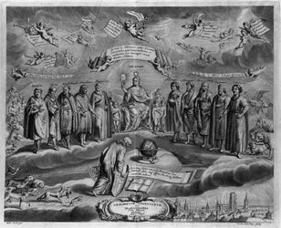 De beroemde astronomen. Onder hen, van links naar rechts: Walterus (?), Tycho Brahe (1546-1601), Ulugh Beg (1394-1449), Timocharis van Alexandrië (ca. 320-260 v.Chr.)