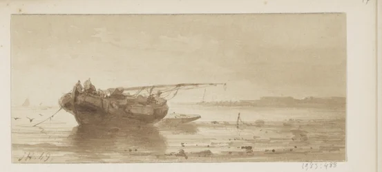 Schip met gestreken zeil op een rivier