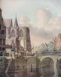 Continentale rivierlandschap met brug en kerk