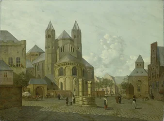 Denkbeeldig stadsgezicht met Romaanse kerk