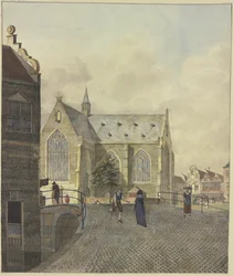 Kerk bij een brug, een kreupele bedelaar bij een dame