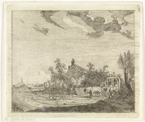 Paard en wagen voor een huis