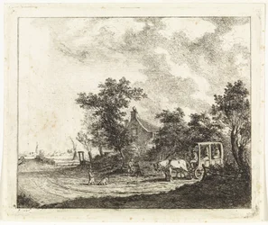 Paard en wagen voor een huis
