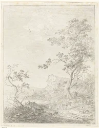 Bergachtig landschap met herder en vee op pad