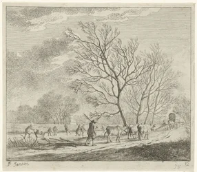 Winterlandschap met koeien en schaatsers