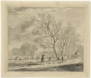 Winterlandschap met koeien en schaatsers