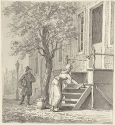Een dienstmeid die een trap voor een huis schoonmaakt