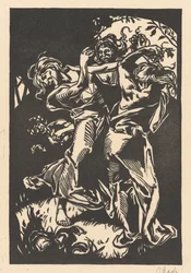 Dansende vrouwen met druiventrossen en sater