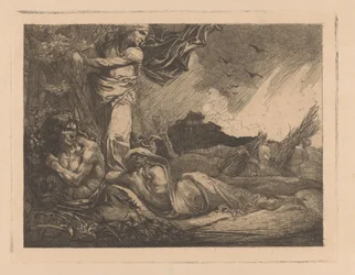 Landschap met korenveld, maaiers, sater en vrouwenfiguren