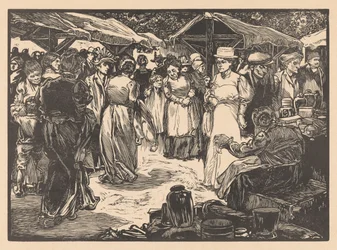 Marktscène met mannen en vrouwen