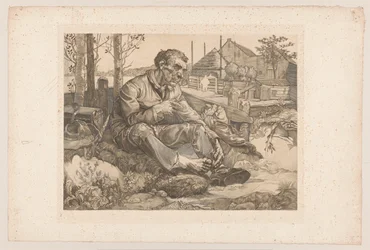 Rustende man bij boerderij