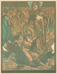 Vrouwenfiguren met man op rug van vogel