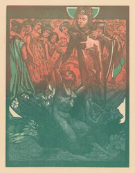 Vrouwenfiguren met Man op Rug van Vogel