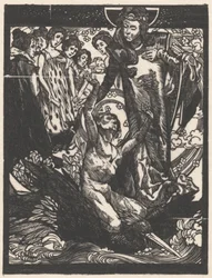Vrouwenfiguren met man op rug van vogel