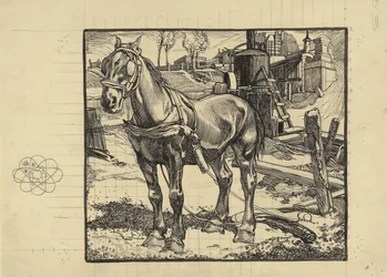 Werkpaard, bij een heimachine rustend