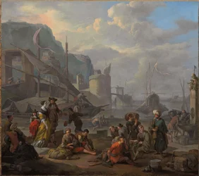 Een Middellandse Zeehaven met een elegant paar en reizigers rustend bij de kade