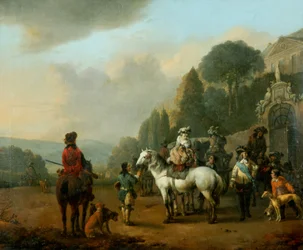 Een Gezelschap van Valkeniers buiten de Poorten van een Kasteel