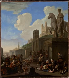 Een Straatscène met een Capriccio van Romeinse Gebouwen