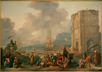 Capriccio van een Italiaanse haven met de Boog van Constantijn