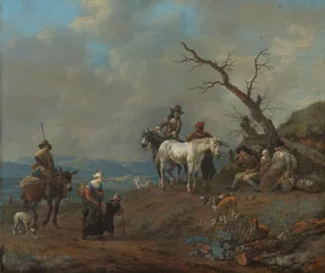 Landweg met jager en boeren