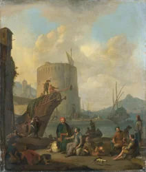 Italiaanse haven met versterkte toren
