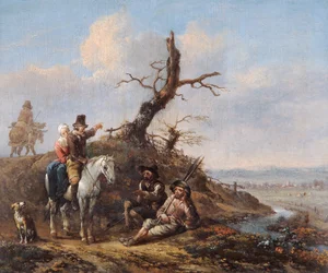 Landschap met reizigers rustend en een paar te paard