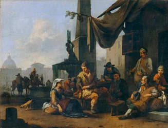 Italiaanse boeren drinken voor de deur van een Romeins hotel ...
