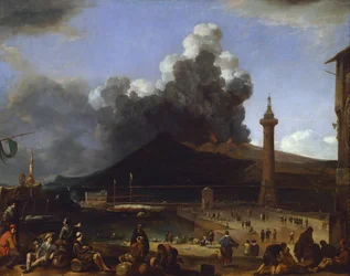 De haven van Napels met uitbarstende Vesuvius
