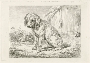 Zittende hond bij een schuur