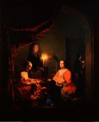 Een familie in een met kaarsen verlichte interieur