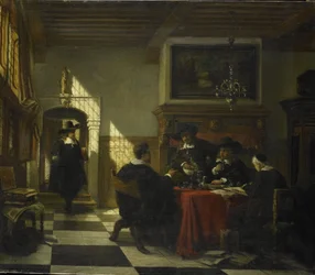 Gezelschap in 17e-eeuws kostuum aan een tafel waarop een Nautilus-beker