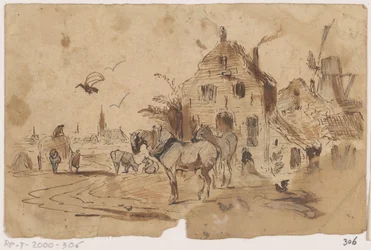 Uitgespannen paarden voor een huis