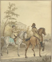 Man en een vrouw te paard op een landweg