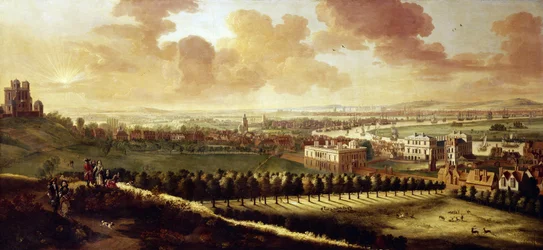 Uitzicht op Greenwich en Londen, circa 1680, met het Koninklijk Observatorium links, in het midden het Queen