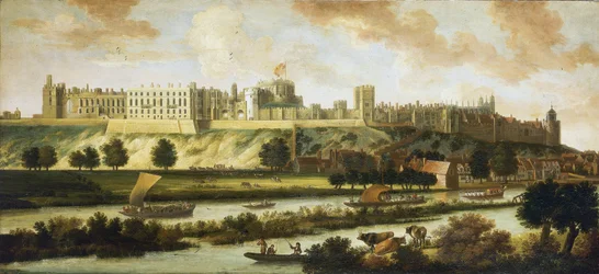 Uitzicht op Windsor Castle, en het volledige panorama rondom het gebouw, met beschrijving van het park en activiteiten op de rivier, een verscheidenheid aan boten, van vissersboten tot koninklijke schepen