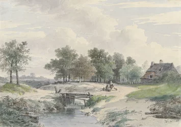 Landschap met bruggetje en figuren voor een boerderij