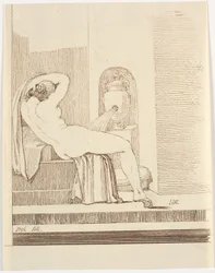 Naakte vrouw met gewaad van achteren gezien, voor een fontein