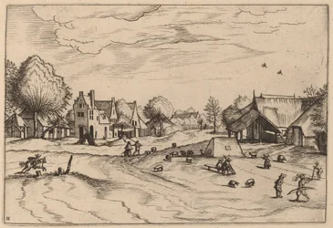 Dorp met Schapen en Zittende Herder