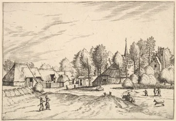 Dorp met kerktoren uit Multifariarum casularum ruriumque lineamenta cur..., 1559-61