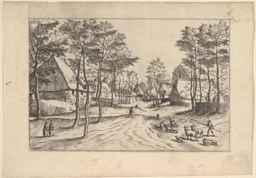 Dorpstraat, vee, schapen en herder op de voorgrond van Praediorum villar..., ca. 1559-61