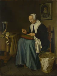 Een oude vrouw zittend aan het naaien, 1655
