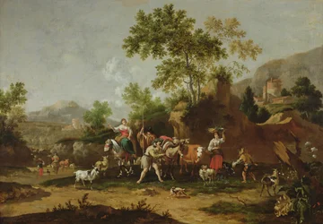 Italiaans landschap met figuren en dieren