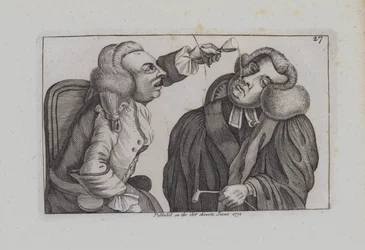 Een man druppelt wijn uit een glas op een ander (gravure)