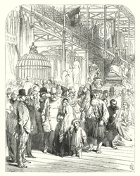 Exposanten en bezoekers in het Crystal Palace, Hyde Park, Londen, locatie van de Grote Tentoonstelling van 1851 (gravure)