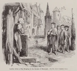 Maarten Luther als jongen zingend in de straten van Eisenach