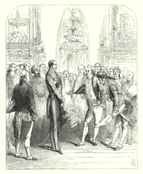 Prins Albert en de Koninklijke Commissarissen bij de Grote Tentoonstelling van 1851, Crystal Palace, Hyde Park, Londen (gravure)