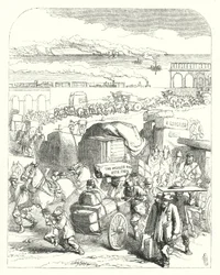 Schepen en treinen brengen bezoekers naar de Grote Tentoonstelling van 1851, Crystal Palace, Hyde Park, Londen (gravure)