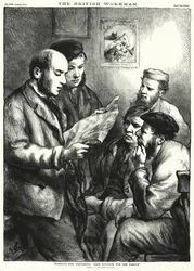 Werkende Mannen bespreken "Vrije Zondagen voor het Volk" (gravure)